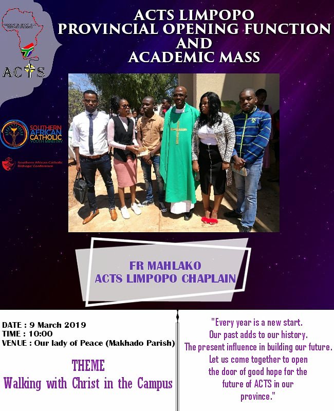 Acts_Limpopo's tweet photo. Today is the the day. YES!!! Let us be on our way to Makhado Parish in numbers for our Provincial Opening function and academic mass
#catholicsoncampus
#faithinaction
#provincialopening
#walkingwithchristinthecampus
#goclean19 https://t.co/2f9Myx5IIC