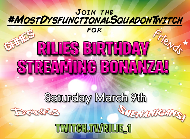 ashleyovrboard's tweet photo. Goodnight friends! Don't forget to join the #MostDysfunctionalSquadonTwitch tomorrow for @rilie_1's BIRTHDAY BONANZA! We will be starting around 3-4pm EST so come hangout, drink, and have a great time with us! https://t.co/YzS8LtPAxC