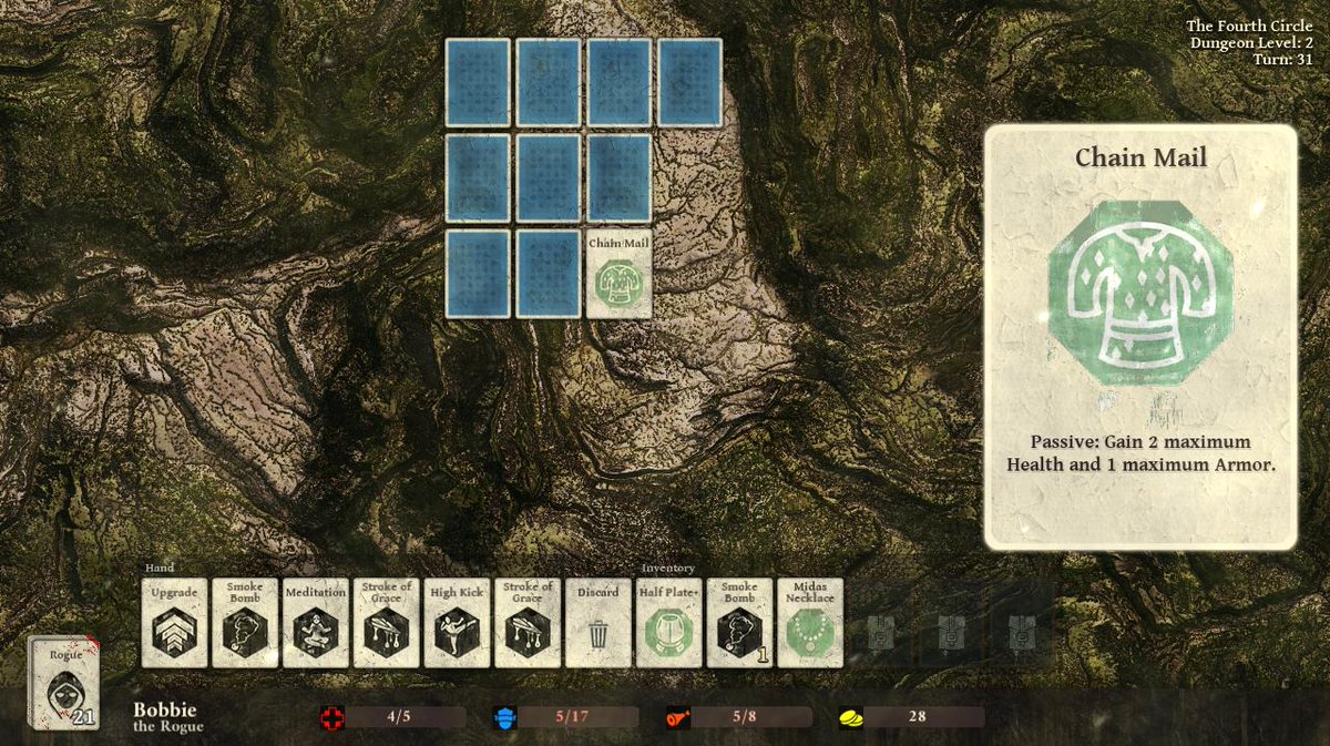 WisedawnDev's tweet photo. The last day approaches! Adding items with passive stat boosts. #7DRL #gamedev #indiedev #screenshotsaturday https://t.co/qdpxNeP9hf
