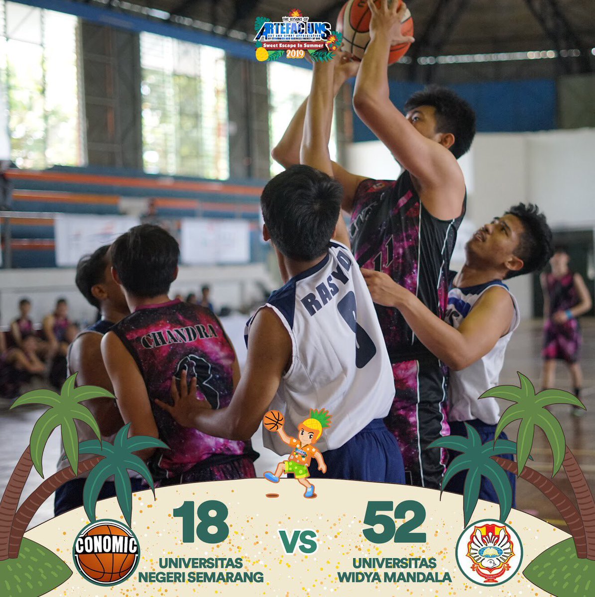 artefacuns's tweet photo. [DAY 1]

BASKET COMPETITION🏀

Full Time
UNIVERSITAS NEGERI SEMARANG (18) - (52) UNIVERSITAS WIDYA MANDALA

Category: UNIVERSITAS
📍 GOR UNS, Surakarta

Man of The Match:
Dicky Oktavian - Univ. Widya Mandala

#BASKETCOMPETITION
#ARTEFACUNS2019
#LAHIRDANBESAR
#SWEETESCAPEINSUMMER https://t.co/p4VR1s2dF8