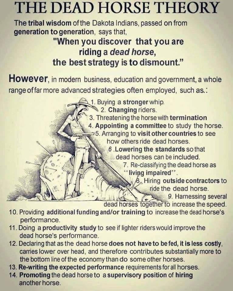 pash22's tweet photo. The 'Dead Horse Theory' as applied to modern business, education, health and government https://t.co/fGJPKuQmEr
