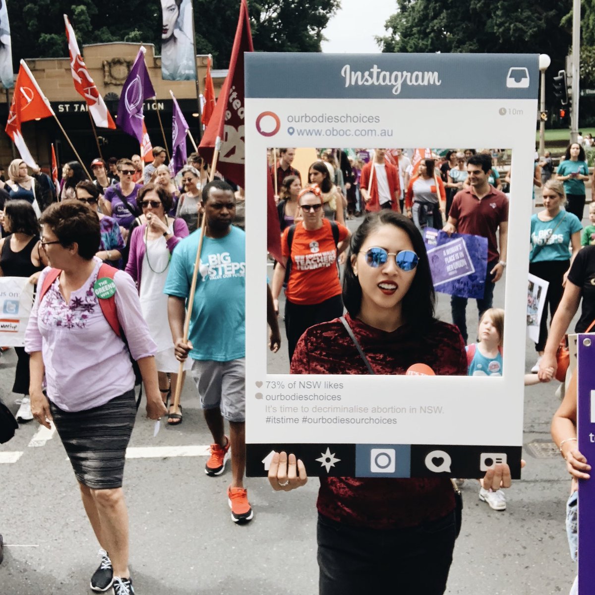 OurBodiesChoice's tweet photo. Marching at #IWD19 because we’re more powerful together. Join us to decriminalise abortion in NSW #itstime https://t.co/sZ232VGBHn