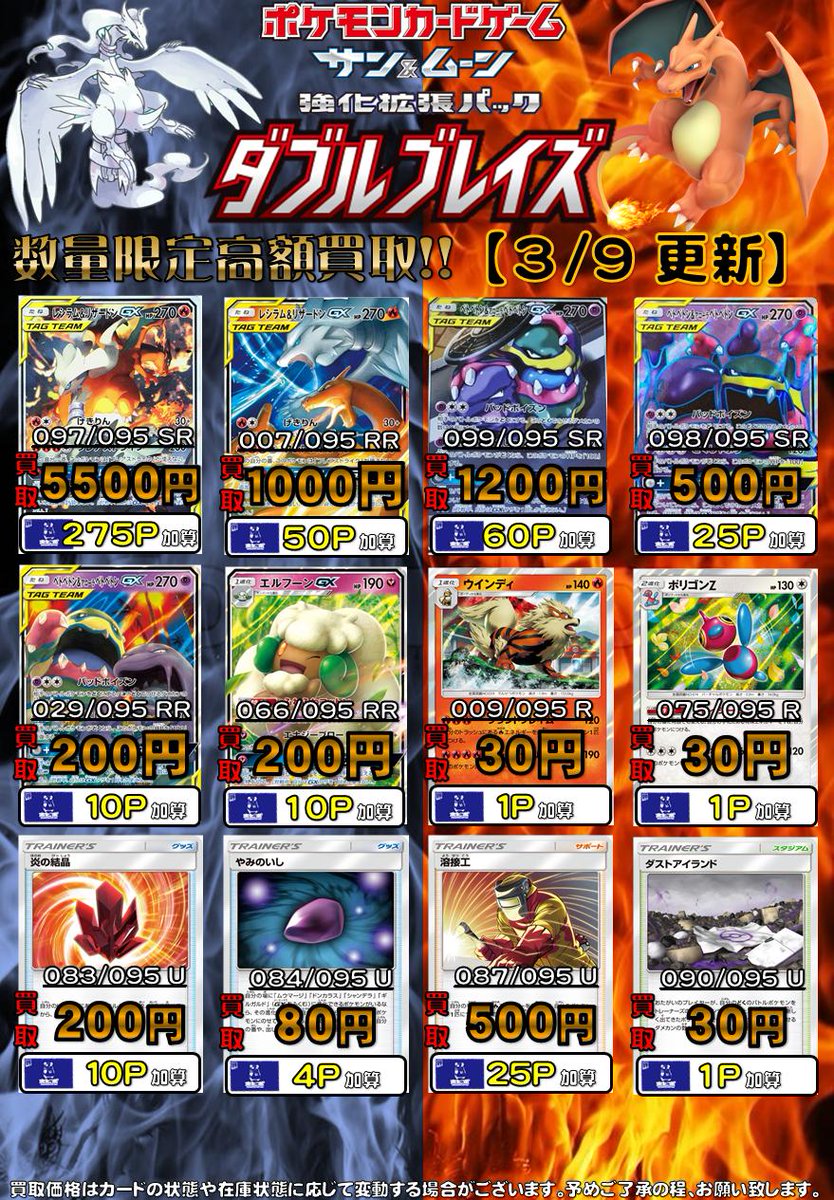 ホビーステーション池袋本店 V Twitter ᕲ ᕳ池ホビ ポケカ買取情報ᕲ ᕳ ダブルブレイズ買取表 戒めの祠 1300 レシラム リザードンgx Sr Rr 5500 1000 ベトベトン アローラベトベトンgx Sr Sr Rr 10 500 0 エルフーンgx 0 ウインディ