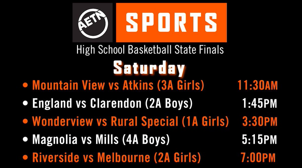 ArkansasTV_'s tweet photo. Tune in for #AETNSports last day w/ 3A Girls #MountainView vs @AtkinsSchools at 11:30, 2A Boys #England vs @chs_clarendon at 1:45, 1A Girls #Wonderview vs Rural Special High School at 3:30, 4A Boys @Magnolia_SD vs @MUSHSWAGCOMETS at 5:15 & 2A Girls @RCSDPirates vs #Melbourne at 7 https://t.co/7vgGfaWJTx