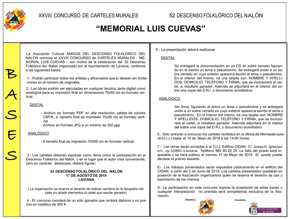 Queda abierto el 28º #Concurso de #Carteles del 52º Descenso Folklórico del Nalón. Ayúdanos a compartir las bases del concurso. Tenéis hasta el 10 de mayo para presentar vuestra propuesta física o digital. #Laviana #Arte #Fiestas #Asturias  descensodelnalon.com/noticias/bases…