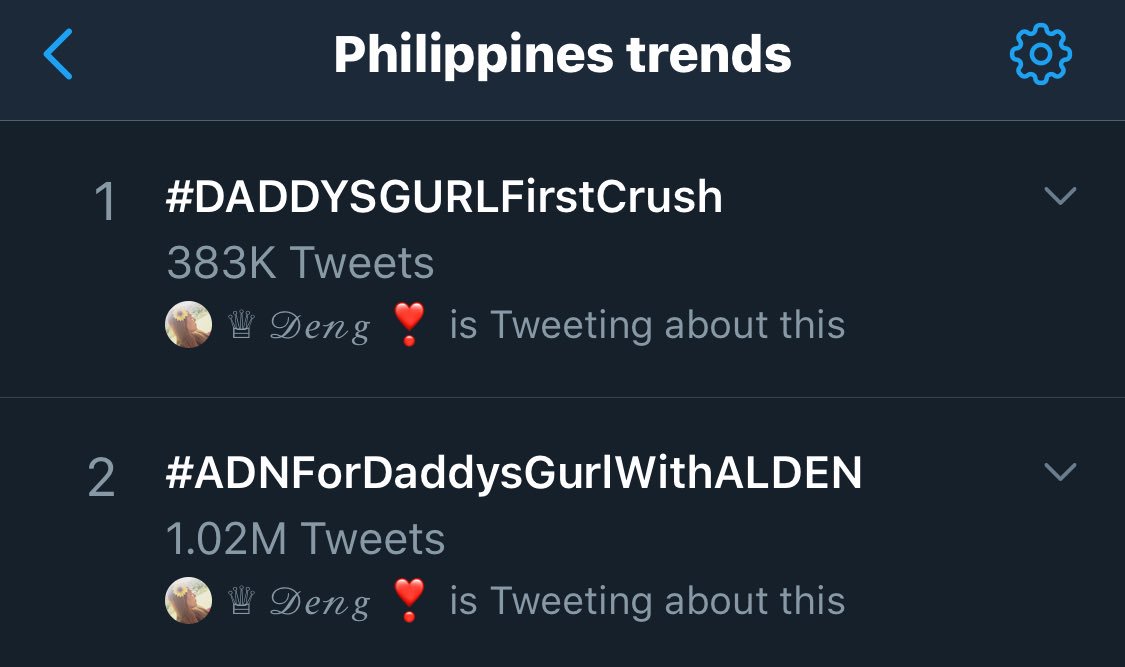 kachwita's tweet photo. Both hashtags are back on the PH trendlist in the 1st and 2nd spot. Plus Aldrich and Stacy are still trending with over 100k tweets each. ☺️ @DirekChrisM 

#ADNForDADDYSGURLWithALDEN
#DADDYSGURLFirstCrush https://t.co/01hHT8HspY