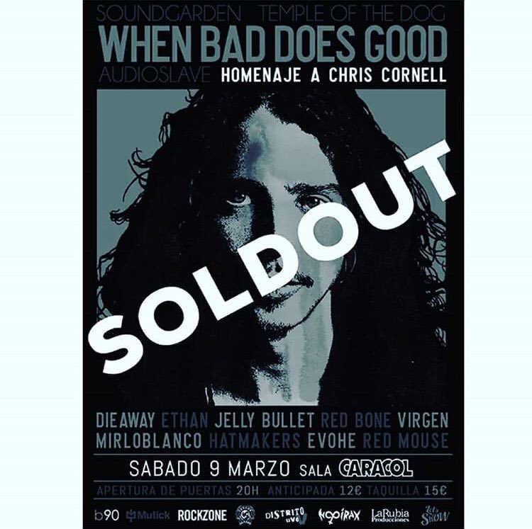 virgenbanda's tweet photo. ESTA NOCHE #WHENBADDOESGOOD en @salacaracol SOLD OUT @Mirloblancoband @DieawayBand @evoheevohe @Hatmakers @EthanBand @JellyBullet @redmouseband @redbonemadrid @virgenbanda va por ti @chriscornell 😘 https://t.co/3sVMjEicCG