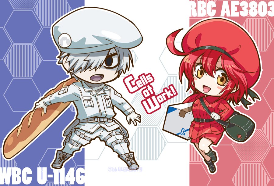 原画展でも展示されてたおフランスな白赤をSDで。ネットで画像探しました…そんな訳で分からない部分は自己解釈ですすみません。あのパン構えて排除フェイスな白血球さんほんと素敵ｗ赤血9ちゃんもめちゃくちゃ可愛かった。
結構描き下ろしでお着替えしてるんですよね。ほんと早く画集出して欲しい…！