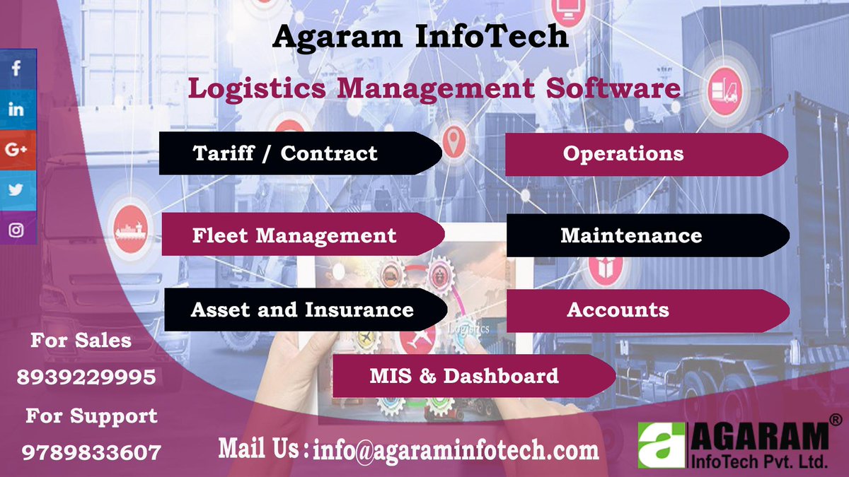 AgaramInfoTech's tweet image. Logistics Management Software from Agaram that is GST ready and offers E-Way bill automation efficiently manages all your logistics processes.
#AgaramInfotech #Logistics #GST #Software