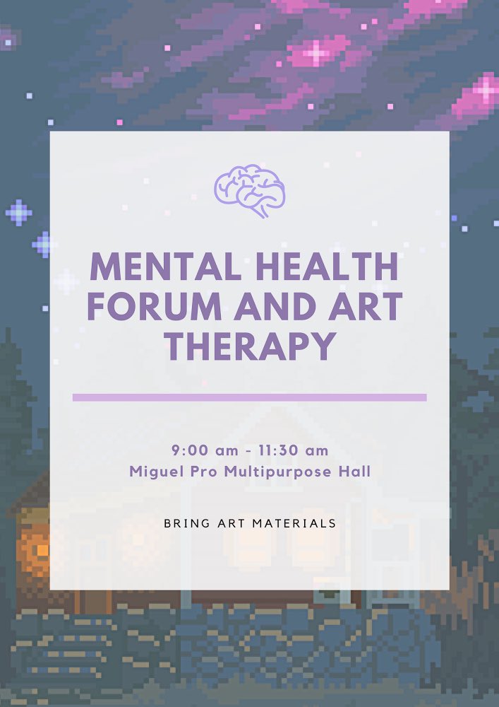 addupulso's tweet photo. Mental Health forum and Art Therapy on Monday! Take the time to know more about Mental Health and destress through Art! ✨🎨
To join, please pre-register through this link: https://t.co/w5hlgDVUiO
See you there! Snacks will be served! #Pagsibol2019 https://t.co/un8mkVxrYu