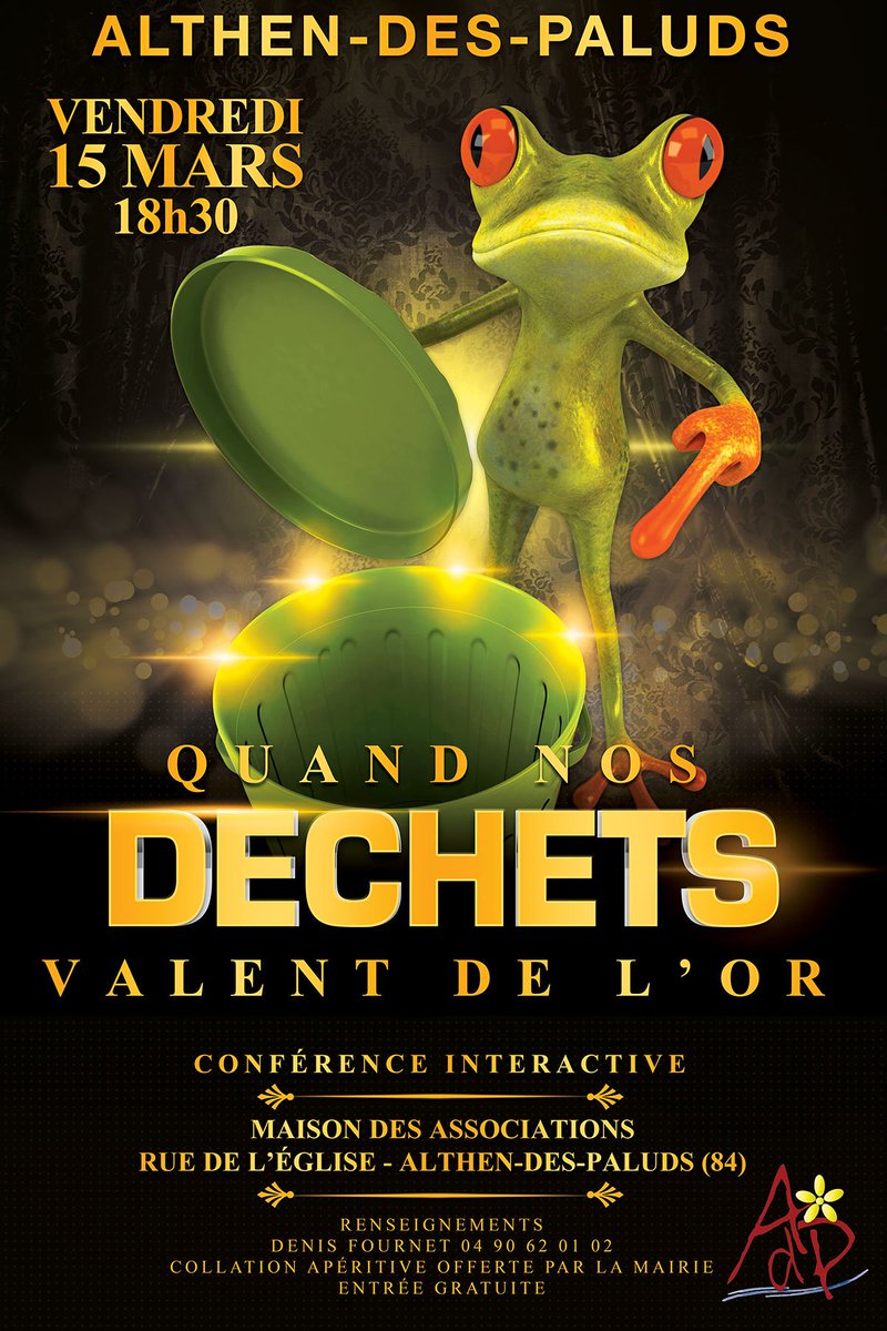 Quand nos #déchets valent de l'or.
Une #conférence inédite et interactive pour prendre part aux #enjeux du #DeveloppementDurable organisée par la ville d'Althen-des-Paluds.

Réservation conseillée 

Plan d'accès : goo.gl/maps/asY1GNbfg…
+ d'infos : bit.ly/2F1Ghfj