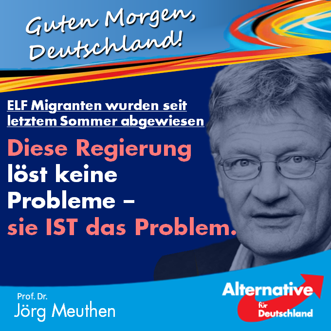Joerg_Meuthen's tweet image. Guten Morgen 🇩🇪!
1⃣1⃣- in Worten: ELF! So "viele" illegale Einwanderung wurden an der deutschen Grenze abgewiesen. Aber nicht etwa auf einen Schlag, sondern seit letztem Sommer!
Diese Regierung löst keine Probleme – sie IST das Problem.
➡️ facebook.com/Prof.Dr.Joerg.…