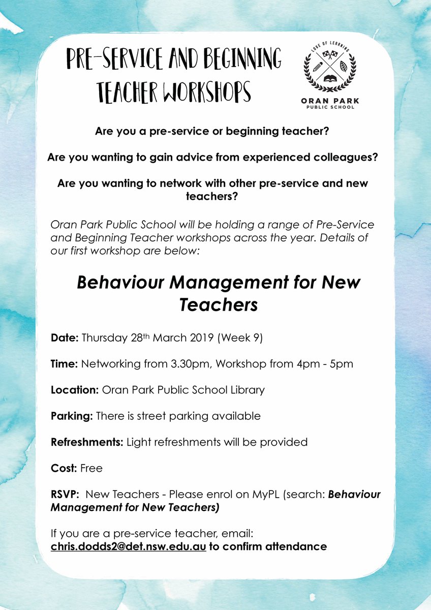 Hello all, We are holding a Behavioiur Management Workshop <a href="/OranParkPS/">Oran Park PS</a> for new and pre-service teachers. Our first workshop: Behaviour Management for New Teachers. Please feel free to share! <a href="/MsJodieB/">Jodie Bland</a>