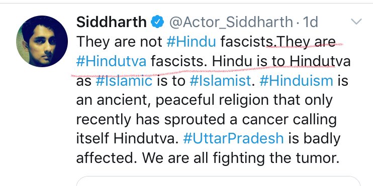 10/n now let’s read your tweet  @Actor_Siddharth with literal meaning of Hindutva (state of being Hindu, as explained earlier).“They are not Hindu fascists. They are Hindutva(State of being Hindu) fascists. Hindu is to Hindutva(state of being Hindu) as Islamic is to Islamist.