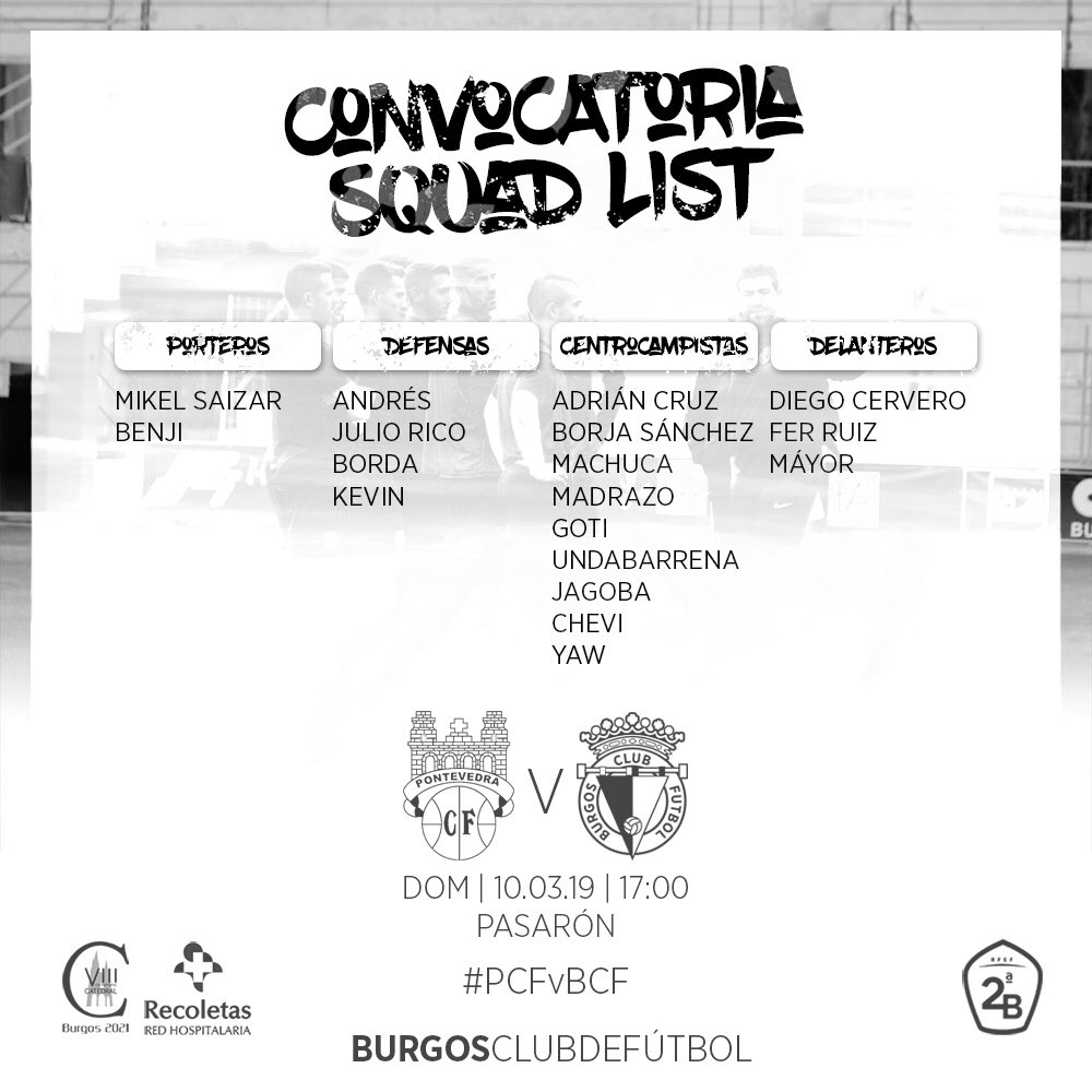 Burgos_CF's tweet photo. #PCFvBCF | 📋 Convocatoria [18] de @Estevez_Fer para la visita de mañana al @PontevedraCFSAD en Pasarón.

📝 https://t.co/pE8XU548rG

#AquíNoSeRindeNadie https://t.co/EcK8g1VyDN