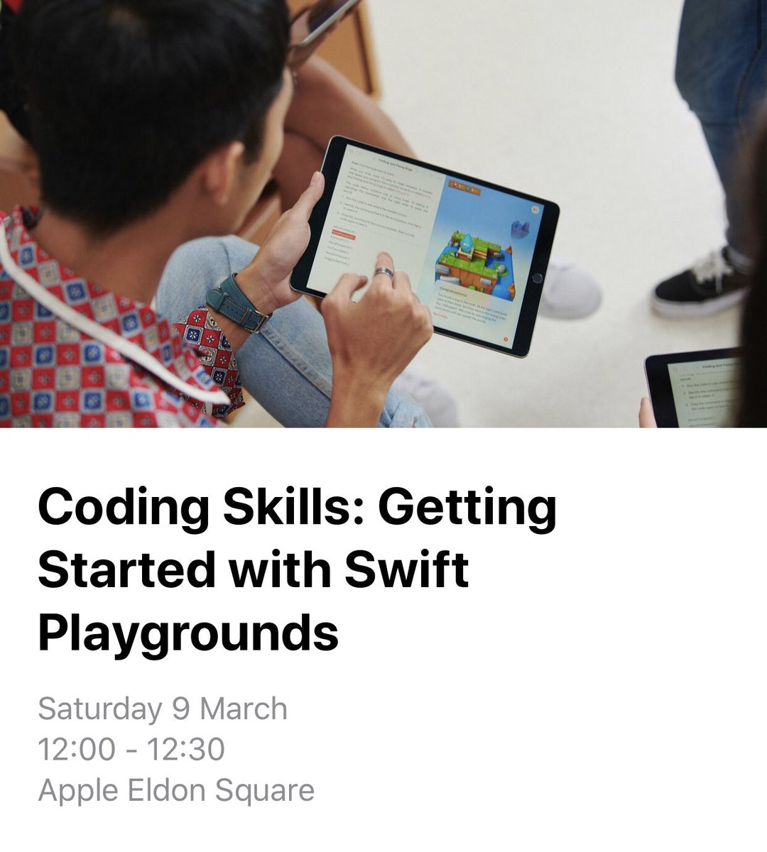BlainBlainey2's tweet image. #everyonecode we’ve got a great session for adults to level up their knowledge on coding. Got kids? Do they learn coding? Do you feel a bit lost? Come and tool up Apple.com/uk/today/eldon… #TodayatApple @NE1BID @intueldonsquare #newcastle