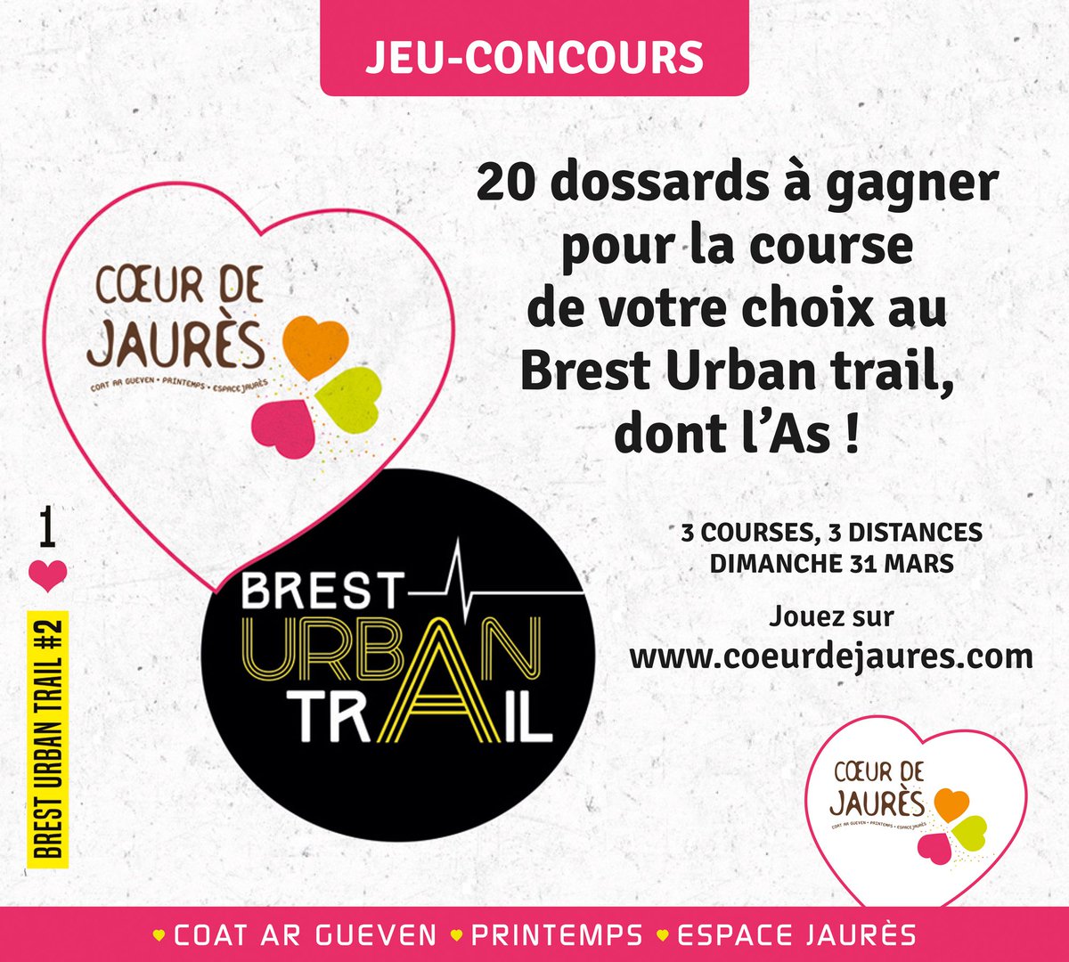 Il n y a plus de dossards disponibles sur le #BREST URBAN TRAIL 2019 mais l'un de nos partenaires principaux <a href="/coeurdejaures/">Cœur de Jaurès Brest</a> 🛍 a fait des réserves ! 😉 Participez maintenant a leur jeu et tentez de remporter le précieux sésame ! 🍀😎ICI>>> bit.ly/2TB8Qbo <<<<