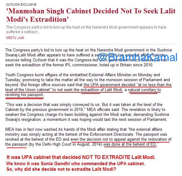 BramhaKamal's tweet image. LALIT MODI put up these tweets. 
Immediately all channels went quiet. 
Arnab Goswami, who takes credit for #LalitGate, shut up.

No one questioned @varungandhi80.
No one knows if $60m/a part of it was paid.

Later I found👇🏼
SoniaG’s cabinet decided NOT to EXTRADITE Lalit Modi.
..