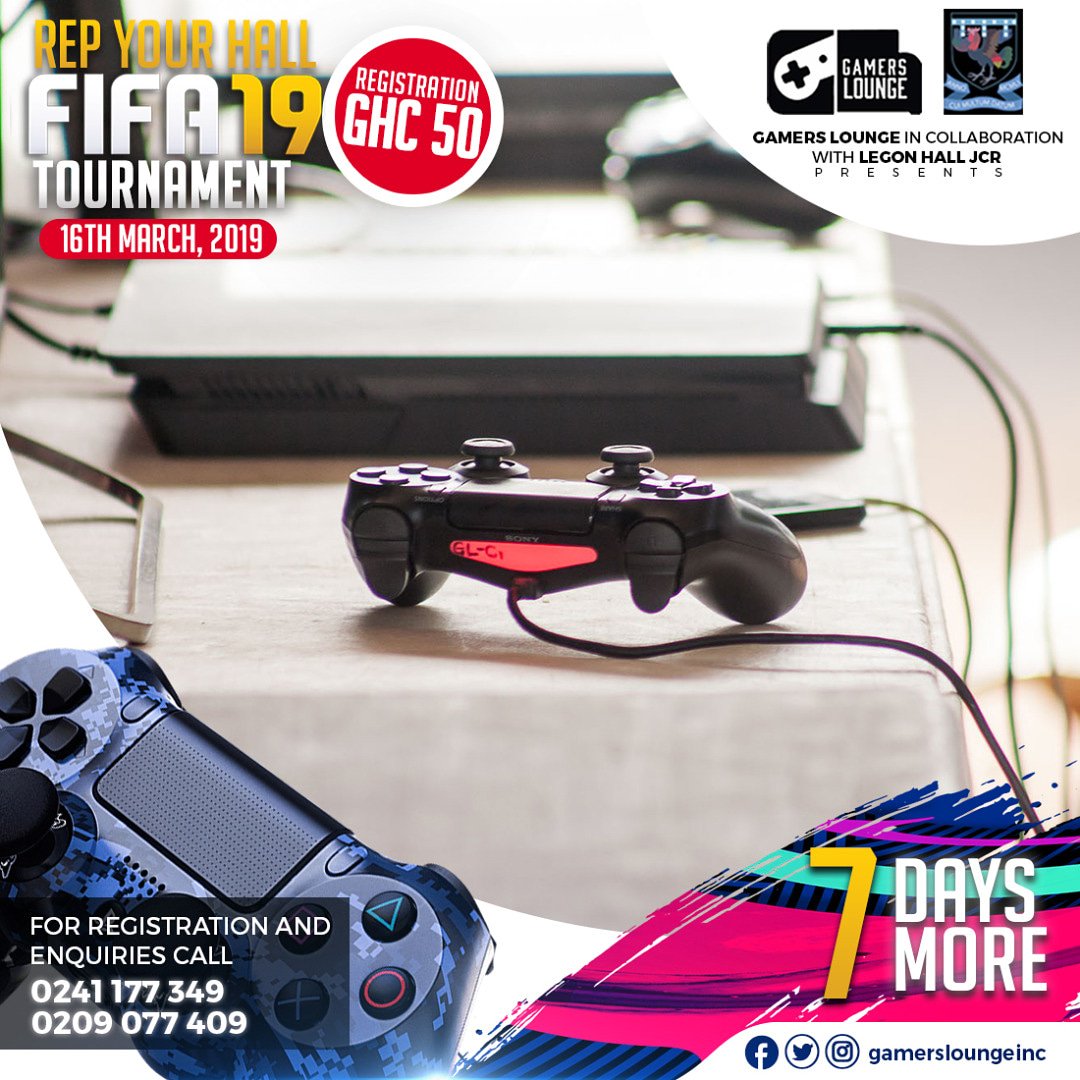 GamersLoungegh's tweet photo. 7 days more... have you registered?? 
#FIFA19 #eSports #campustournament #campus @AnTrixGaming @ggcchannel @thumbsticklng @GameNerdCom @EMP_TriForce_GM @sir_Natha_na_el @splatsquadgh https://t.co/AJTAun1TBC