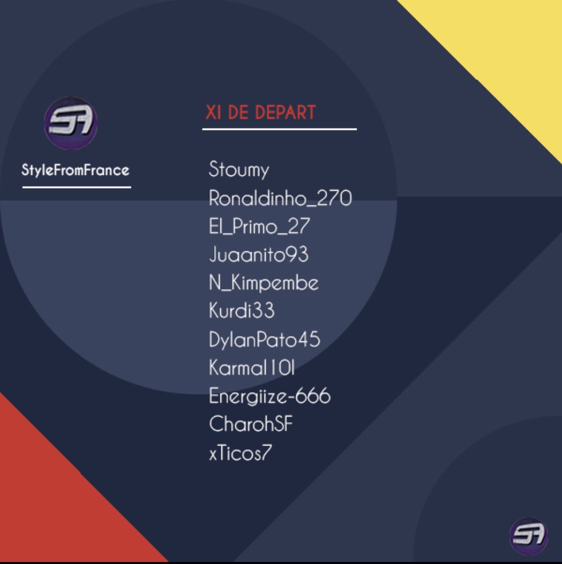 StyleFromFrance's tweet image. Voici notre 11 ce soir pour nos matchs sur @FVPAeSport.

- #Avengers à 21h40

- @GraoullyWrs à 22h

- @P_tites_Folles à 22h30

Bon match à tous !
