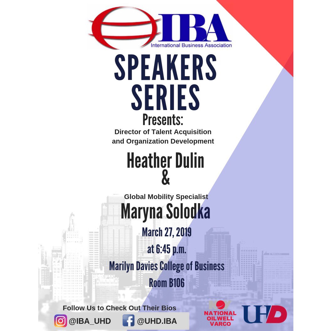 ibauhd's tweet photo. Hey everyone! Our next meeting, IBA  is very pleased to be welcoming back Heather Dulin and Maryna Solodka. It is taking place on March 27th at 6:45pm in Room B106! Looking forward to hearing from these two ladies again and seeing you all there! 😊 #uhd #speaker https://t.co/fVVbIGSbLR