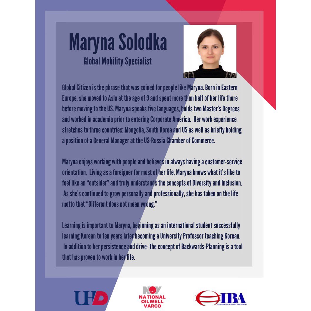 ibauhd's tweet photo. Hey everyone! Our next meeting, IBA  is very pleased to be welcoming back Heather Dulin and Maryna Solodka. It is taking place on March 27th at 6:45pm in Room B106! Looking forward to hearing from these two ladies again and seeing you all there! 😊 #uhd #speaker https://t.co/fVVbIGSbLR