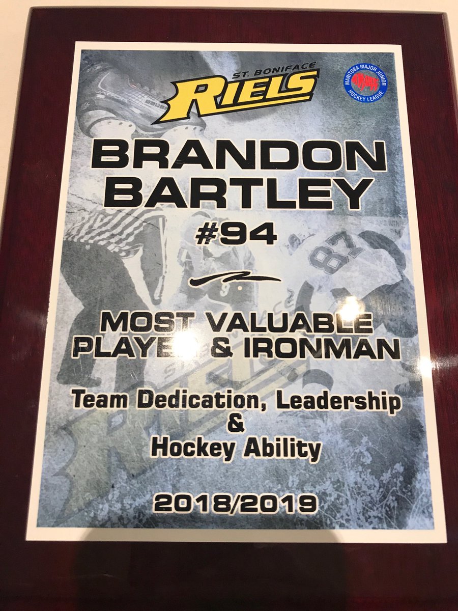 Congratulations son on receiving the MVP & Ironman award at last nights awards banquet. Bittersweet with only one more Junior hockey game to go due to age eligibility. Thank you to the Riels coaching staff for giving Brandon the opportunity to be successful. ⁦@rielsMMJHL⁩