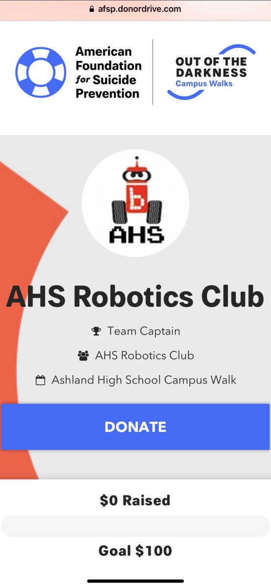 _AHSRobotics's tweet image. The AHS Robotics Club has set up a fundraiser page for the National Honors Society’s Out of Darkness Walk which raises money for the American Foundation for Suicide Prevention! Please visit our club page and donate to this incredible cause ✨👍
Link:
afsp.donordrive.com/index.cfm?fuse…
#nhs