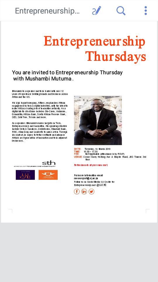 BrassellElize's tweet photo. University of Johannesburg Centre of Entrepreneurship in partnership with Ezabekwa Group and School of Tourism and Hospitality invites you to #EntrepreneurshipThursdays with @MushambiMutuma

Rsvp on the link below 

https://t.co/oUdJwn8Kxk https://t.co/E0WgBmlBdU