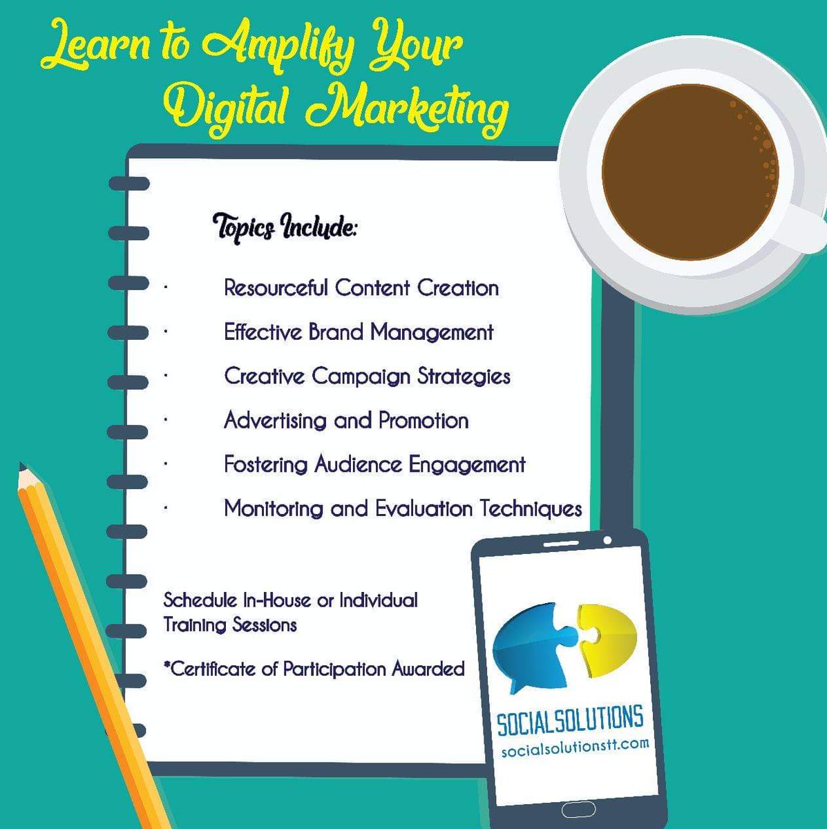 SocialSTT's tweet photo. Learn Social Media Marketing Strategies, Tactics, Tips and Tricks from the pros! 🙌🏽👩🏽‍💻👩‍🏫
Email us at info@socialsolutionstt.com for more details on how our training can help you to be more proficient! 
#socialmedia #socialsolutionstt #digitalmarketing #socialmediatraining https://t.co/aVguxfybWC