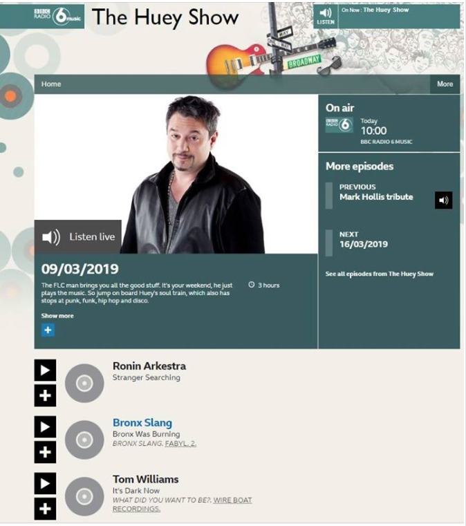 BronxSlang's tweet photo. #BronxWasBurning: @OfficialHuey lighting the torch paper with a BRONX SLANG album track spin this morning on @BBC6Music 
#MeatOfTheWeek Jadell Zee Jerry Beeks Fake Blood Fabyl
#RapAndSoulPromo #radio #London #NewYork https://t.co/ucOTWlK7ZG