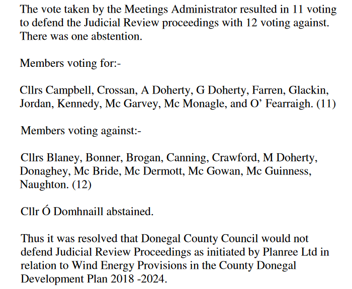 Glenties_WiG's tweet photo. The minutes of @donegalcouncil meeting of 24/9/18 (now online) make grim reading as 13 Cllrs -10 from @fiannafailparty fail to support/vote against motion to defend #Planree JR, thus conceding elements of our CDP incl 10X setback to #windfarm developer.
https://t.co/zQfIVCDf6H https://t.co/Qhy1szP1ul