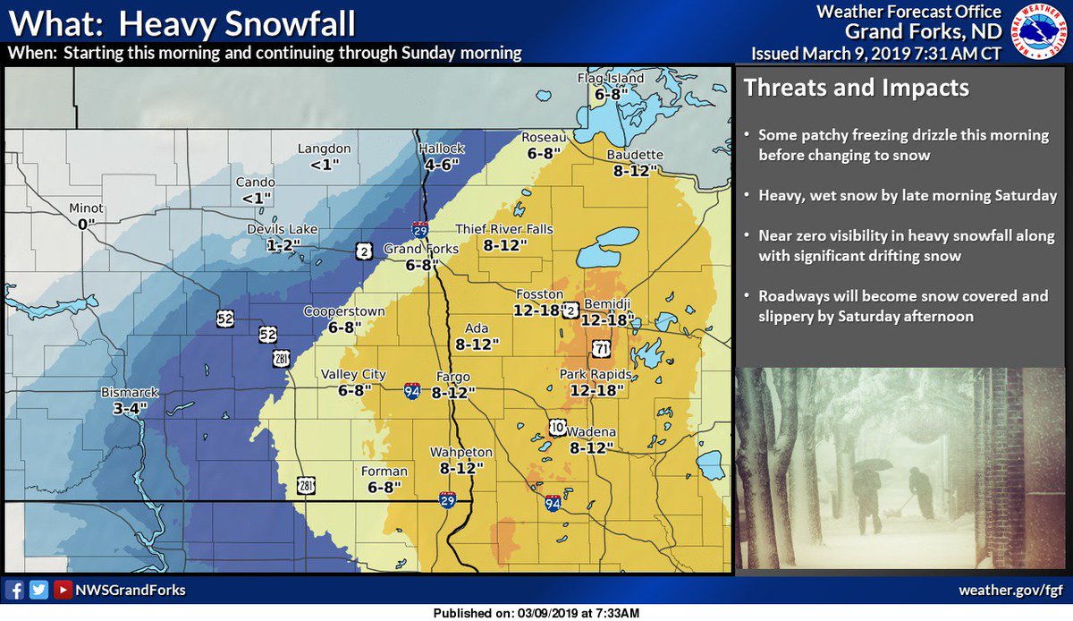 NWSGrandForks's tweet photo. Updated snow forecast for today through Sun AM. Heavy wet snow and difficult to impossible travel conditions. #mnwx #ndwx https://t.co/AkpNq6XlA4