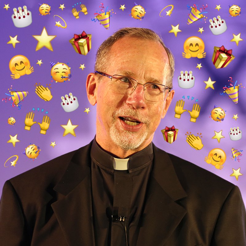 Portrait of Father Graham with celebration emojis in the background.