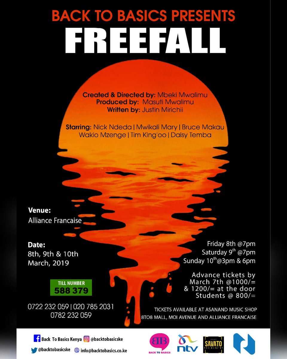 NickNdeda's tweet photo. Curtains go up in T-2hours for the second performance of "Freefall". There are only a couple of seats left so if you're interested in some fine entertainment this evening then make your way to @AFNairobi I promise you an unforgettable experience. #B2BFreefall https://t.co/g84i0RJLHH