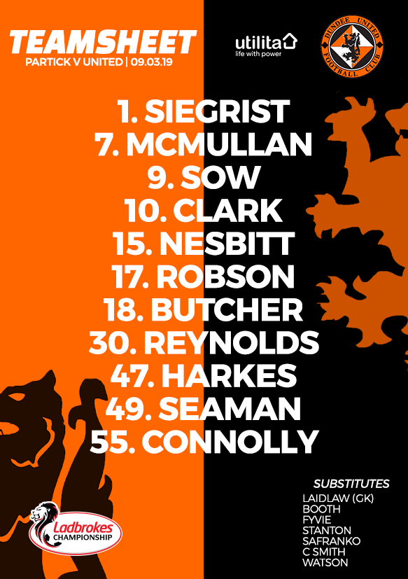 dundeeunitedfc's tweet photo. UTD SXI: SIEGRIST, MCMULLAN, SOW, CLARK, NESBITT, ROBSON, BUTCHER, REYNOLDS (C), HARKES, SEAMAN AND CONNOLLY. SUBS: LAIDLAW, FYVIE, STANTON, SAFRANKO, C. SMITH, BOOTH AND WATSON 🧡🖤 #DUFC https://t.co/SFxyMOnZfN