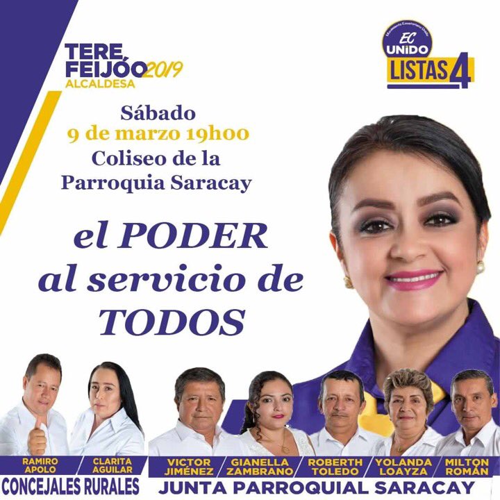 Hoy sábado 9 de marzo, te esperamos en el gran mitin político organizado por el Movimiento Ecuatoriano Unido Listas 4. Juntos construiremos un Piñas mejor
#PiñasUnido #PìñasConTere #SaracayConTere  #EcUnido #TodoListas4