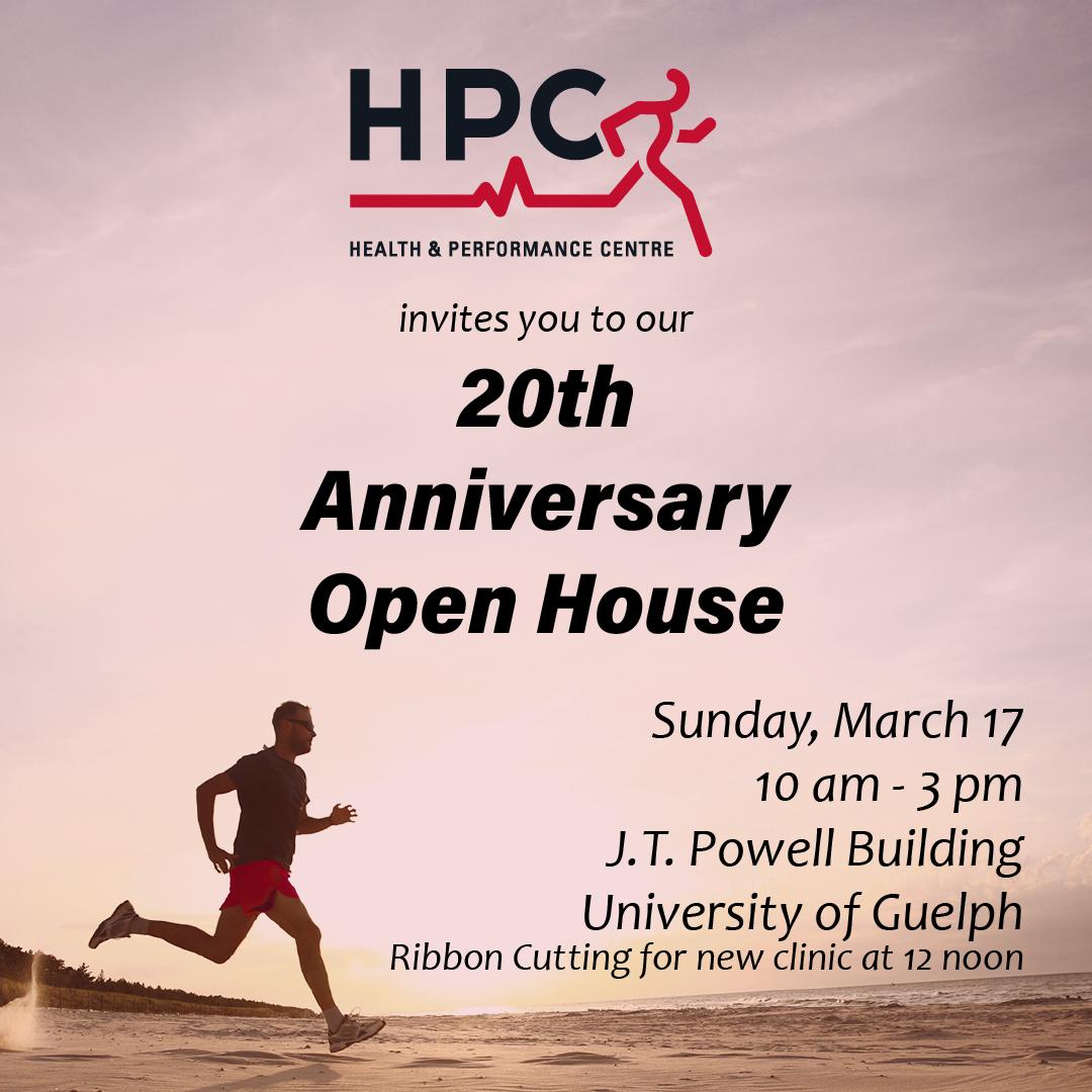 Save the date! The HPC is celebrating our 20th anniversary with an open house and grand re-opening of our new, state of the art clinic! Join us March 17 (during College Royal) and meet our clinicians, Olympians and more - stay tuned for more info! #guelph #hpc #collegeroyal #uofg