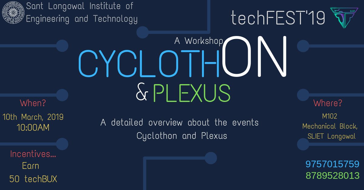 techfestsliet's tweet photo. A Workshop on Cyclothon and Plexus....
When?
10th March 2019, 10:00 AM
Where?
M102,
Mechanical Block
Incentives-
Earn 50 techBUX..
#techFEST2k19 #techfest #techFESTsliet #slietlongowal #slietevents #workshop #plexus #cyclothon https://t.co/jiGjHo5vjt