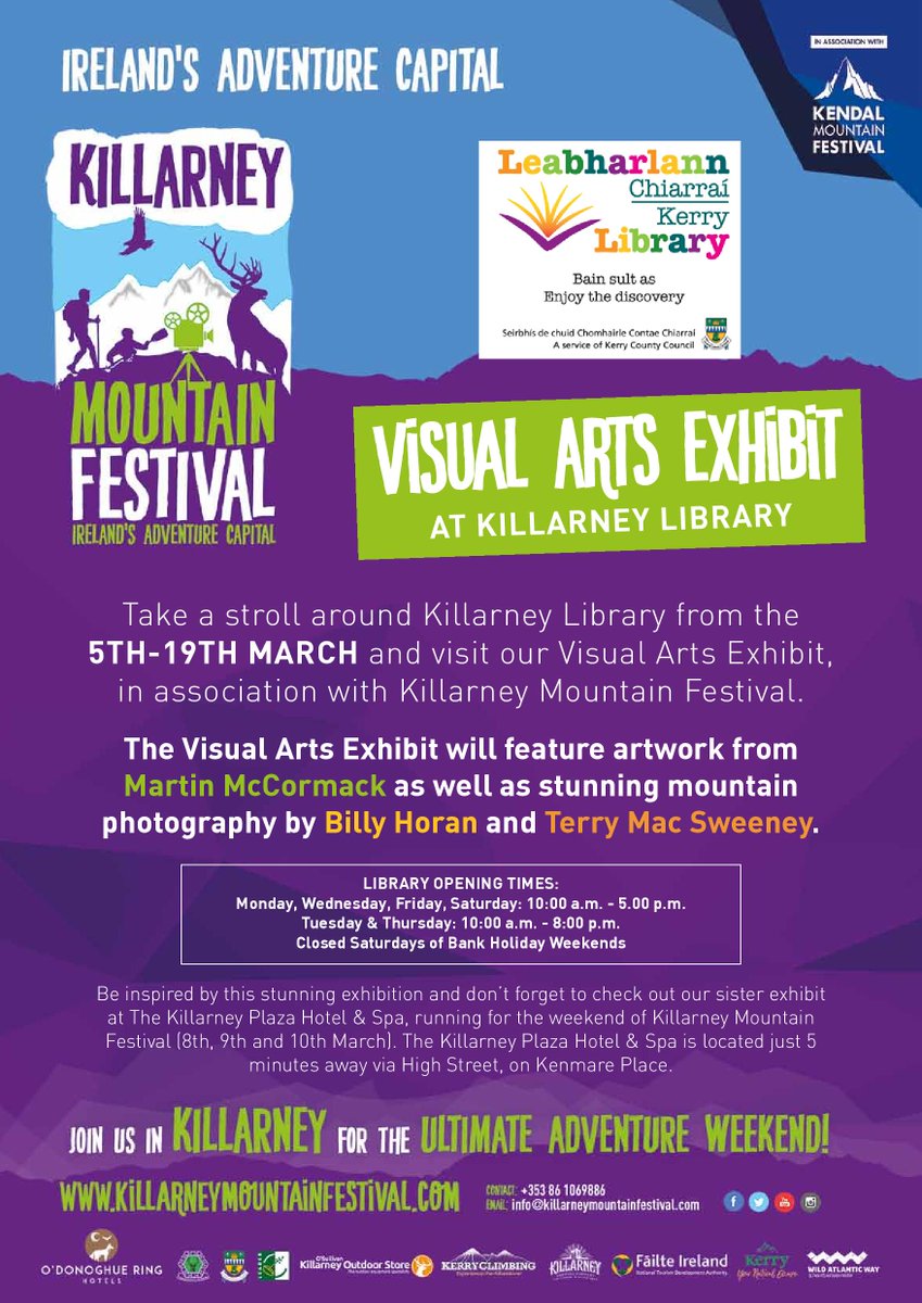 Visual Arts exhibition on display in Killarney Library until March 19th, as part of the 
@KillarneyMtFest. Features photography by Billy Horan &amp; Terry MacSweeny and artwork by Martin McCormack.