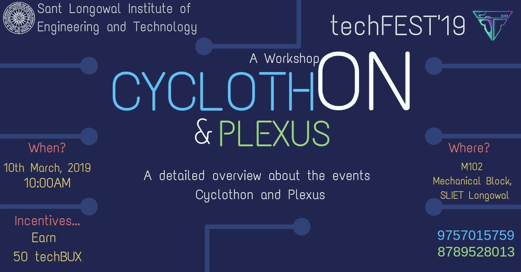 Sliet_helpdesk's tweet photo. A Workshop on #Cyclothon and #Plexus....
When?
10th March 2019, 10:00 AM
Where?
M102,
Mechanical Block
Incentives-
Earn 50 techBUX..
*Registration form for the workshop*
https://t.co/pxFwa4iimm
#techFEST2k19 #techfest #techFESTsliet #slietlongowal #slietevents #workshop https://t.co/vJLpTM8Iob