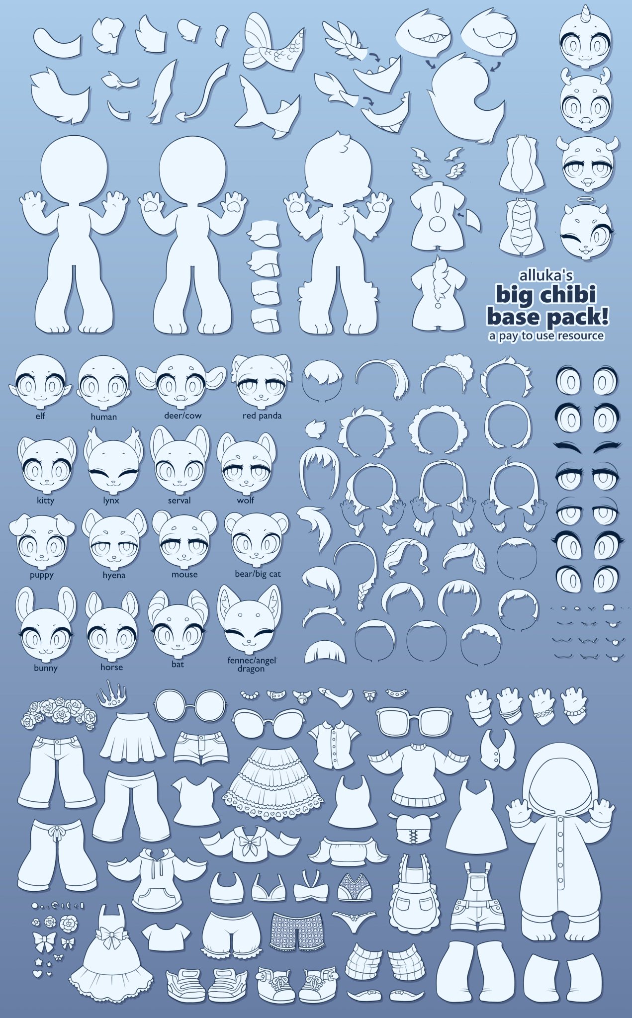 🌸 alluka 🌸 on X: 💕 BIG CHIBI BASE PACK! 💕 Over 100 options covering a  variety of species, plus 50 interchangeable clothing items and accessories.  Can be used for personal projects