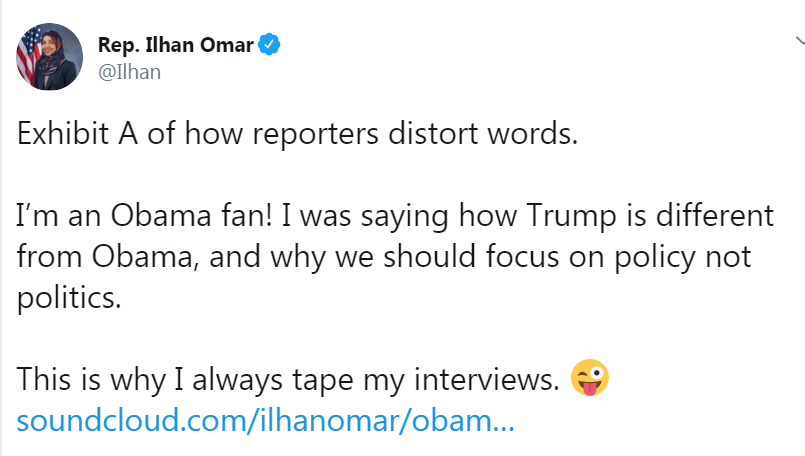 Dumb ass Ilhan Omar deletes tweet claiming she didn't bash Obama 