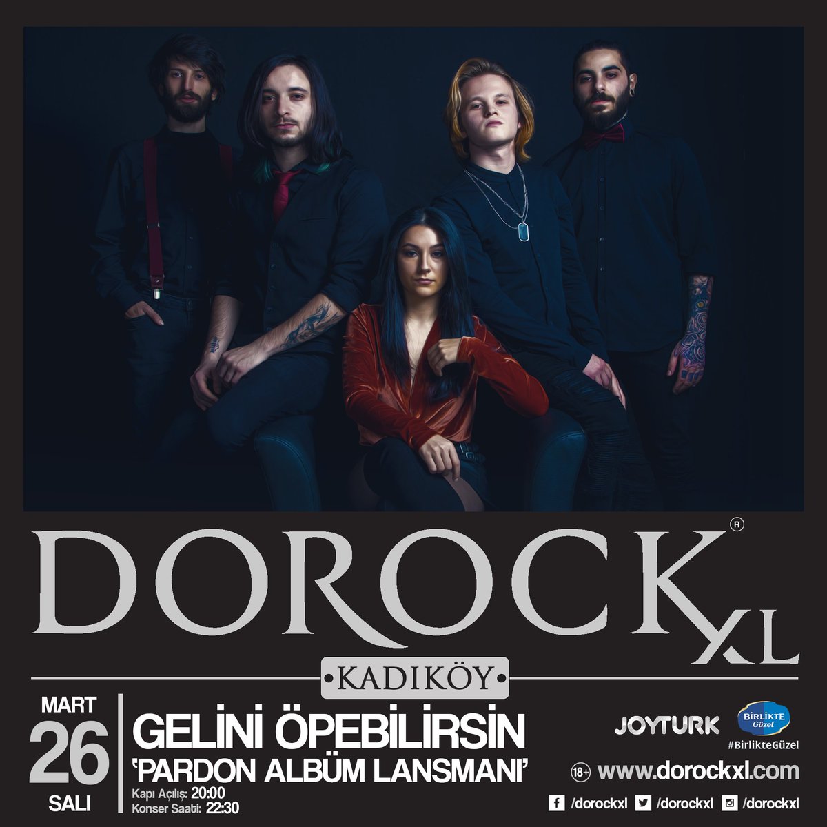 Pardon isimli üç şarkıdan oluşan maxi single’ları ile başarılı bir çizgi yakalayan Türk metalcore grubu Gelini Öpebilirsin, 26 Mart Salı saat 22:30’da Dorock XL Kadıköy sahnesinde.Biletler Biletix ve Dorock XL Kadıköy gişelerinde. #DorockXL #DorockXLKadıköy #GeliniÖpebilirsin