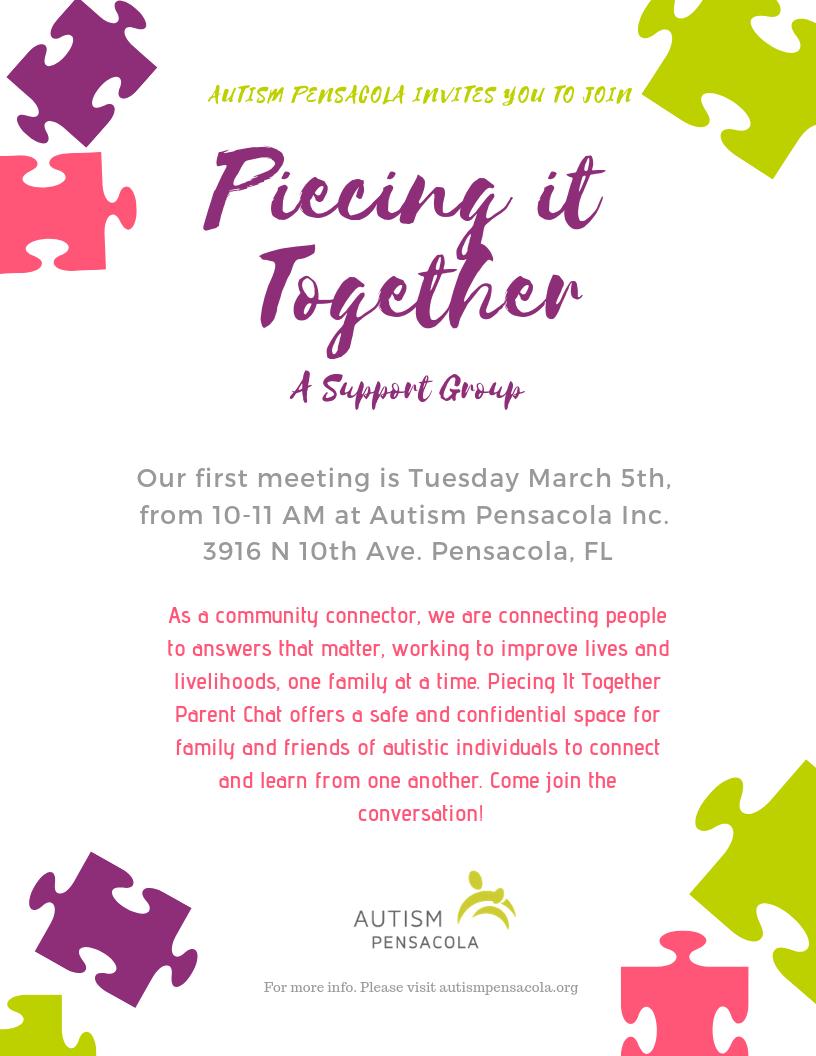 AutismPensacola's tweet photo. Our Piecing it Together parent chat is back! Every Tuesday we'll be discussing different topics from education to self-care. So come and catch up with friends old and new, we can't wait to see you there! #AutismFriendlyNWFL https://t.co/Sy6mxa0bxR