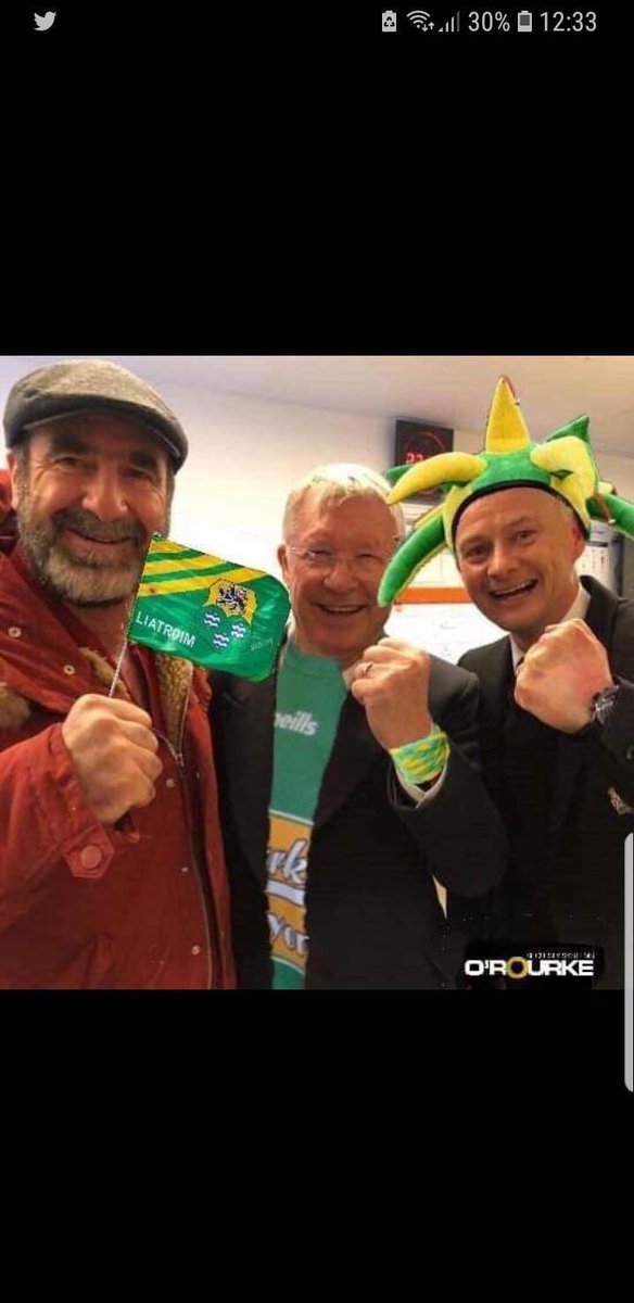 Eric Cantona. Ole Gunnar Solskjaer and Alex Ferguson flying the Leitrim flag.