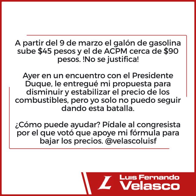 velascoluisf's tweet photo. Por años he venido dando esa batalla solo, esta vez necesito de su ayuda. 
Pídale al Congresista por el que usted votó que apoye mi propuesta para disminuir y estabilizar el precio de los combustibles en la discusión del Plan de Desarrollo ⛽️ #ElCiudadanoQueSeLaJuegaPorLaGente https://t.co/II4fqNu7wc