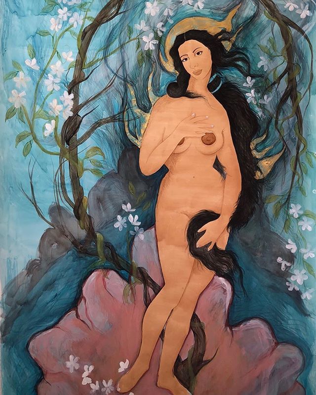 Hiba Schahbaz, Self Portrait as Burning Venus (after Botticelli)
2016
Tea, gouache, watercolour, ink and gold leaf on paper
51 x 83 in. #hibaschahbaz 🖤🖤🖤 #workonpaper #venus #goddess #hilde ift.tt/2UqMDda