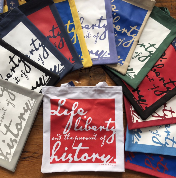 TheHistoryList's tweet photo. Just picked up at printer yesterday: Sturdy tote bags with our rallying cry and yours: “Life, liberty, and the pursuit of history”. Each color combination very limited. 
https://t.co/5iiP037tML

#HistoryNerd #HistoryLover #HistoryTeacher #HistoryBuff #HistoryGeek #twitterstorians https://t.co/HpKOuE6Psm