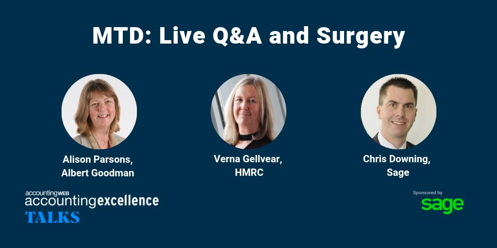Talks session 2 goes live on 26 March! Join @AWEBTom <a href="/downing_c/">Chris Downing</a> of <a href="/sageuk/">Sage UK</a> Alison Parsons of <a href="/AG_LLP/">Albert Goodman</a> and Verna Gellvear from HMRC to get all your questions answered in MTD: Live Q&amp;A and Surgery. Sign up here buff.ly/2EwQU9G #AE19